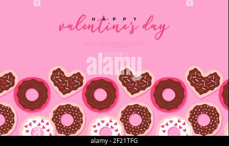 Happy Valentine's Day Grußkarte Vorlage, niedliche Herzform Donut und rosa Schokolade Cookie Lebensmittel mit Copy Space. Februar 14 Urlaub Veranstaltung backgro Stock Vektor