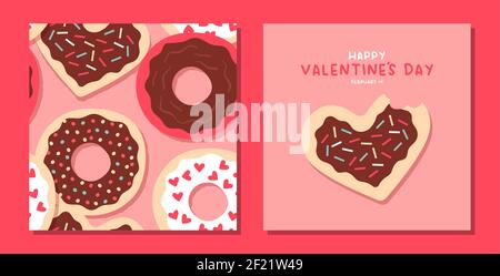 Happy Valentine's Day Grußkarte und Nahtloses Muster Set. Niedliche Herzform Donut mit rosa Schokolade Cookie Cartoon-Kollektion. Februar 14 holida Stock Vektor