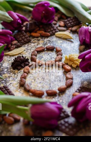 8. märz, internationaler Frauentag, acht davon aus Kakaobohnen mit violetten Tulpen und handgefertigten Pralinen Stockfoto