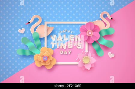 Alles Liebe zum Valentinstag Briefpapier Grußkarte Illustration. Niedliche Frühlingsblumen in 3D Papier Handwerk Stil mit Schwanenvögeln und rosa Herzform für februa Stock Vektor