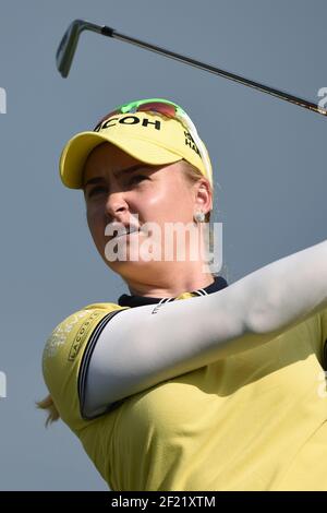 Die Engländerin Charley Hull tritt am 14. September 2016 bei der Rolex Pro-am der LPGA Evian Championship 2016, Tag 3, im Evian Resort Golf Club in Evian-Les-Bains, Frankreich, an. Foto Philippe Millereau / KMSP / DPPI Stockfoto