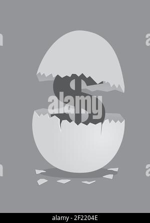 Dollarzeichen-Symbol in einem offenen Ei geknackt. Vektordarstellung auf Geld und Finanzkonzept isoliert auf grauem Hintergrund. Stock Vektor