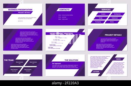 Designvorlage für Geschäftspräsentationen. Projektdetails, Services, Team, Forschung und Überprüfung. Einfache flache schräge Linien, Dreiecke, violette Farbe, 9 sli Stock Vektor
