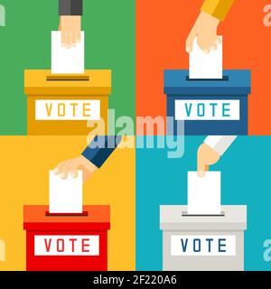 Hand, die Stimmzettel in die Wahlurne legt. Volksentscheid und Wahlwähler, Vektor-Illustration Stock Vektor