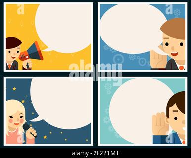 Speaking and Listening Poster Konzept Set. Ballon und Banner, Gespräch und Dialog, Sprachvektor Illustration Stock Vektor
