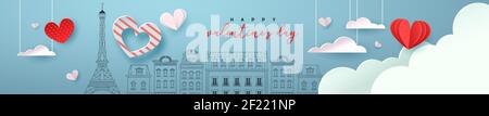Happy Valentine's Day dünne Banner Illustration. Cute paris Stadt Doodle Hintergrund mit realistischen 3D papiergeschnittenen Himmel Wolken, Herzen und Papier Flugzeug. Roman Stock Vektor