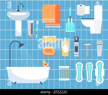 Vektorsymbole für die persönliche Hygiene sind flach. Ohrstöpsel, Rasierer und Pinsel, Serviette und Badillustration Stock Vektor