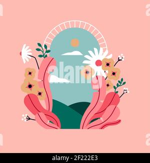 Schöne Frühlingsblumen mit offenen Türrahmen, Natur Landschaft Hintergrund Illustration. Leere Fensterszene für den Kopierbereich. Verträumtes Pink-Farbkonzept. Stock Vektor