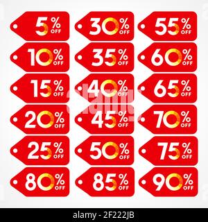 Satz Vektorrabatte. Preislisten Etiketten, rotes Logo mit Stanzen. 5th, 10th, 15th, 20th, 25th, 30th, 35th, 40th, 45th, 50th, 55th, 60th, 65th, 7 Stock Vektor