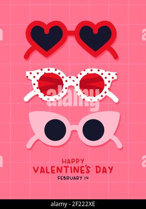 Alles Liebe zum Valentinstag Grußkarte Illustration. Niedliche herzförmige Sonnenbrille Hintergrund mit Text Zitat für Februar 14 Holiday Event. Retro Frauen fa Stock Vektor