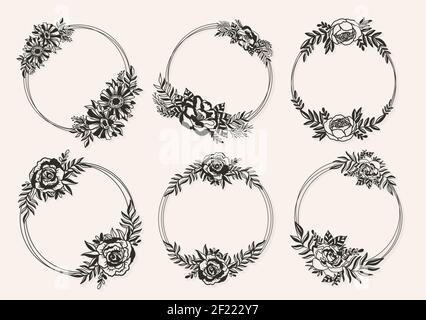 Blumenrahmen Kranz Kreis.Tinte Linie Stil.Blumenblatt botanischen runden Design. Stock Vektor