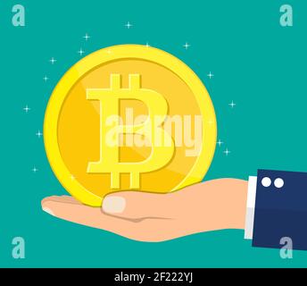 Goldene Münze mit Bitcoin-Zeichen in der Hand. Stock Vektor