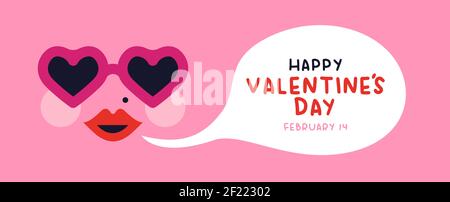Alles Liebe zum Valentinstag Grußkarte Illustration. Nette herzförmige Sonnenbrille Frau mit Textzitat für Februar 14 Feiertagsereignis. Rosa romantische carto Stock Vektor