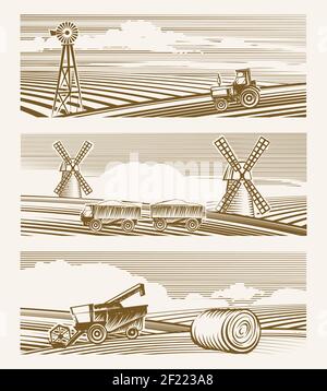 Agrarlandschaften. Set von Skizzen oder Gravur Ernte mit Geräten. Vektorgrafik Stock Vektor