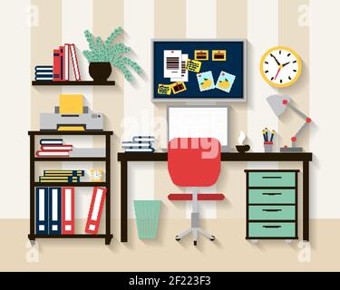 Arbeitsplatz im Innenraum des Schranks. Laptop und Tisch, Stuhl und Uhr, Lampe und Komfort. Vektordarstellung Stock Vektor