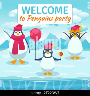 Lustige Pinguine Karte oder Party Einladung. Willkommen Festtag, Event feiern, Vorlage Banner. Vektorgrafik Stock Vektor