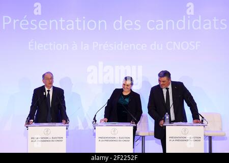 Denis Masseglia, Isabelle Lamour, David Douillet bei der Vorstellung der Kandidaten für den Vorsitz des NOC France (Nationales Olympisches Komitee), in Paris, am 25. April 2017, Frankreich - Foto Philippe Millereau / KMSP / DPPI Stockfoto