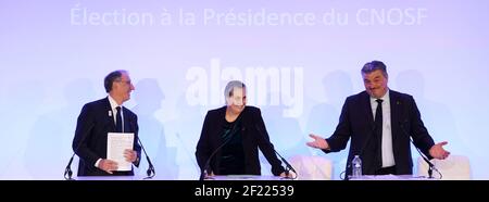 Denis Masseglia, Isabelle Lamour, David Douillet bei der Vorstellung der Kandidaten für den Vorsitz des NOC France (Nationales Olympisches Komitee), in Paris, am 25. April 2017, Frankreich - Foto Philippe Millereau / KMSP / DPPI Stockfoto