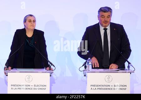 Isabelle Lamour, David Douillet bei der Vorstellung der Kandidaten für den Vorsitz des NOC Frankreich (Nationales Olympisches Komitee), in Paris, am 25. April 2017, Frankreich - Foto Philippe Millereau / KMSP / DPPI Stockfoto