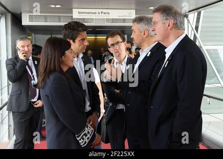 Paris Bürgermeister Anne Hidalgo, Co-Präsident von Paris 2024 Kandidatur Tony Estanguet, Generaldirektor von Paris 2024 Etienne Thobois, Co-Präsident von Paris 2024 Kandidatur Bernard Lapasset während des 1st Tage der CIO-Evaluierungskommission, die Paris am 13. Mai in Paris besucht, 2017 - Foto Philippe Millereau / KMSP / DPPI Stockfoto