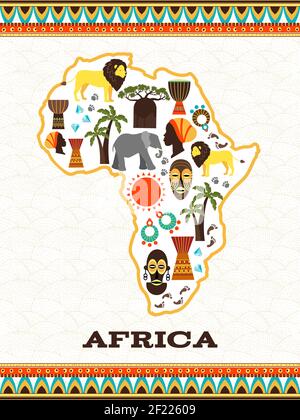 Afrika-Karte mit afrikanischen Symbolen. Land und Tier, Djembe und nationale Folklore, Diamant und Reisen, Vektor-Illustration Stock Vektor