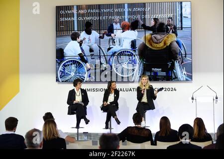 WWF Frankreich Präsidentin und Präsidentin von Paris 2024 Environmental Excellence Committee Isabelle Autissier, Commitment Department Manager bei Francaise des Jeux Amel Bouzoura, Paris 2024 Impact and Legacy Director Marie Barsacq Antwort an die Medien während des 2nd-tägigen Besuchs der CIO-Evaluierungskommission in Paris am 14. Mai, 2017 - Foto Jean-Marie Hervio / KMSP / DPPI Stockfoto