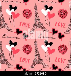 Französisch valentinstag Cartoon nahtlose Muster. Paris Turm mit Blumen und Geschenke, handgezeichnete Dekoration Hintergrund für Urlaub drucken oder Liebe Konzept Stock Vektor