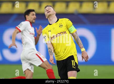 Dortmund, Deutschland. 09th Mär, 2021. firo: 09.03.2021 Fuvuball: Fußball: UEFA Champions League Saison 2020/21 1/8 Finale BVB, Borussia Dortmund - FC Sevilla Gesture, Marco Reus Quelle: dpa/Alamy Live News Stockfoto