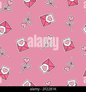Valentinstag Cartoon nahtlose Muster. Liebesbrief mit rosa Blume, handgezeichnete Dekoration Hintergrund für Urlaub drucken oder Hochzeit Konzept. Romanti Stock Vektor