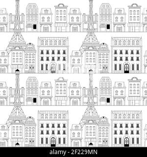 Paris Stadt Cartoon Doodle nahtlose Muster. Handgezeichnetes französisches Turmdenkmal mit niedlichem europäischen Stil Haus Hintergrund in schwarz und weiß. Stock Vektor