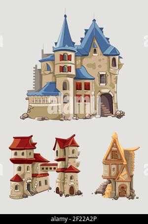 Mittelalterliche Burgen und Gebäude Vektor in Cartoon-Stil gesetzt. Fantasy-Architektur mit Turm Gebäude, Königreich Märchen Illustration Stock Vektor