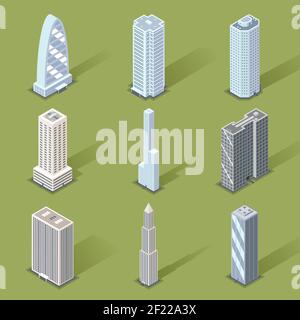Verschiedene dreidimensionale Wolkenkratzer Grafik-Designs auf hellgrünem Hintergrund. Stock Vektor