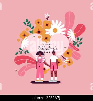 Happy Valentine's Day Grußkarte Illustration von Mann und Frau Paar mit rosa Frühling Blume Dekoration. Februar 14 Urlaub Event Design. Stock Vektor