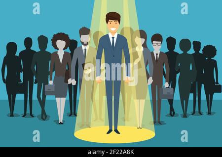 Geschäftsmann im Rampenlicht. Personalbeschaffung. Person Erfolg, Mitarbeiter und Karriere. Vektor Illustration Konzept Hintergrund Stock Vektor