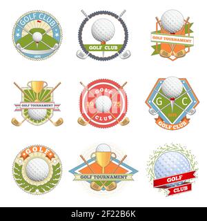 Golfclub-Logo-Set. Golf-Labels und Abzeichen. Logo Wettbewerb oder Spiel, Turniersymbol, Vektordarstellung Stock Vektor