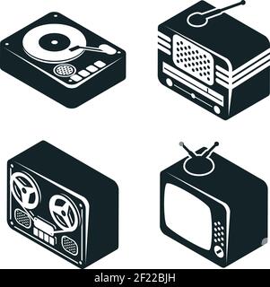 Set mit 3D isometrischen Symbolen von Retro-Mediengeräten in Schwarzweiß auf weißem Hintergrund. Stock Vektor