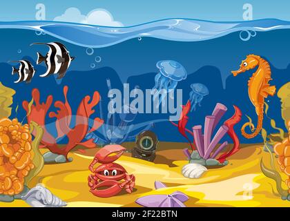 Nahtlose Unterwasserlandschaft im Cartoon-Stil. Meer und Meer, Fische und Korallen. Vektorgrafik Stock Vektor