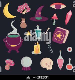 Zauberwitch Set für Konzeptdesign. Cartoon Vektorgrafik. Geheimnisvolle Elemente. Witchcraft Versorgung Asset. Stock Vektor