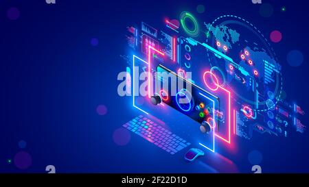 Online-Computer oder mobile Videospiele Konzept Banner. E-Sport. Schreibtisch des Computerspielers. Monitor-Bildschirm, Handy schweben in der Nähe Hologramm des Spiels in Stock Vektor