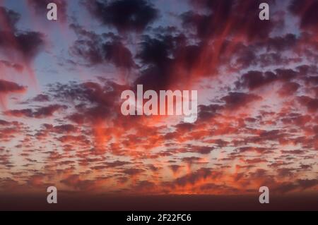 Fantastischer Anblick eines Abendhimmels in verschiedenen Schattierungen Rote und viele kleine Wolken Stockfoto