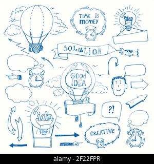 Satz von kreativen Doodles Denken Konzept. Geschäftsidee, Lösung, Kreativität und Erfolg. Vektorgrafik Stock Vektor