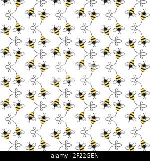 Buzzy Bee Nahtloses, sich wiederholendes Vektormuster auf weißem Hintergrund Stock Vektor