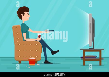 Mann, der auf dem Sessel Fernsehen schaut. TV und sitzen im Stuhl, trinken und essen. Vektorgrafik flach Stock Vektor