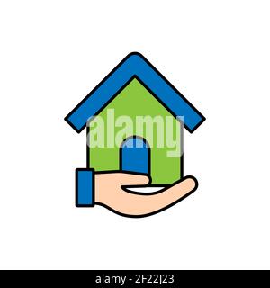 Startseite mit Hand Logo Symbol Vektor Design Illustration. Haus mit Hand Logo Icon Design-Konzept für Haus, Immobilien, Gebäude, Wohnung, Bau Stock Vektor