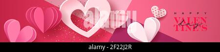 Happy Valentine's Day Papierschnitt Web-Banner. Rosa Herzdeko im realistischen 3D Papierhandwerk-Stil mit goldenem Glitzer und Textzitat. Romantischer februar Stock Vektor