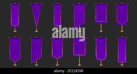 Wimpelfahnen in lila und goldenen Farben mockup, leere vertikale Banner mit verschiedenen Kantenformen hängen an Fahnenmast. Isolierte mittelalterliche Wappentier leer ensigns. Realistischer 3D Vektor-Illustrationssatz Stock Vektor