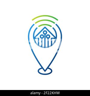 Smart Home Symbol Logo Vektor Design Illustration. Smart-Home-Logo-Symbol mit Standort-Design-Konzept. Trendy Smart House Standort Vektor-Symbol flach desigig Stock Vektor