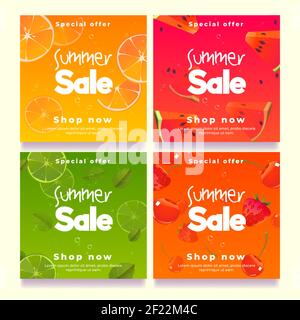 Sommer Verkauf Banner, Social Media Post Vorlage. Vektor-Set von quadratischen Plakaten für die Förderung und Werbung mit Cartoon-Illustration von Obst Scheiben, Wassermelone, Orange, Erdbeeren und Kirschen Stock Vektor