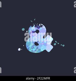 Ampersand mit Wirkung von flüssigen Farbflecken in blau, weiß, lila Farben auf dunkelnavy Hintergrund. Dekorationselement für die Wintergestaltung eines Flyers, Plakats, Kalenders, Deckblattes, Titels. Vektor EPS10 Stock Vektor