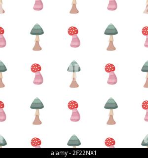 Hexe Nahtloses Muster mit roten und grünen Pilzen. Stock Vektor